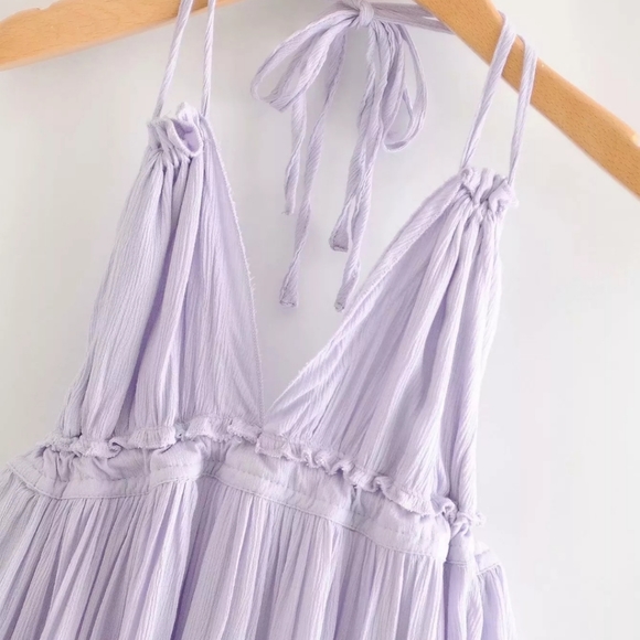 Lilac Layered Mesh Skirt Backless Halter Boho Beach Mini Dress - Picture 10 of 16